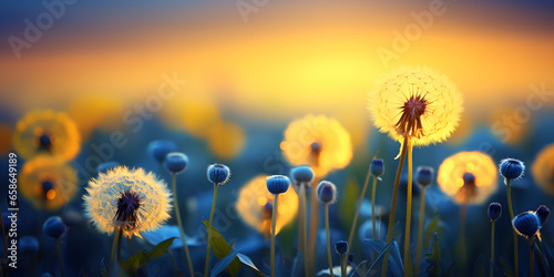 Dandelion Field With Flying Seeds At Sunset   Dandelion flower with flying feathers generative AI 