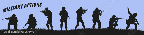 Silhouette of soldiers ready for battle. Black silhouettes on a blue background. Vector graphics.