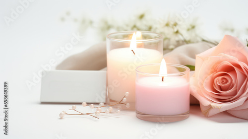 beautiful composition in the home or spa  Burning candle  flowers and warm fabric. Cozy lifestyle  hygge concept