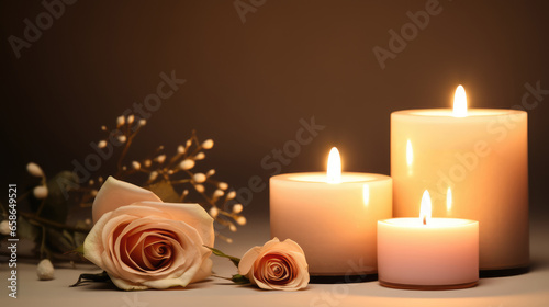 beautiful composition in the home or spa  Burning candle  flowers and warm fabric. Cozy lifestyle  hygge concept