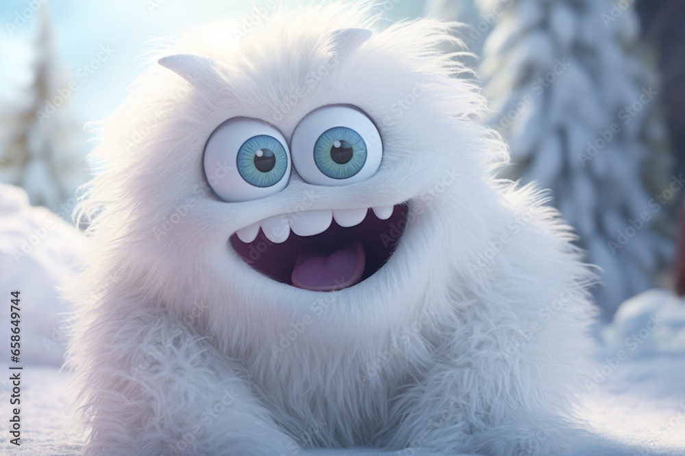 A fluffy white monster with big blue eyes sitting in the snow. Can be used to add a touch of whimsy to winter-themed designs.