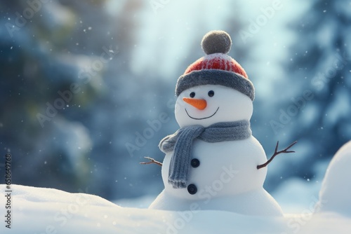 A snowman wearing a hat and scarf in a snowy landscape. Perfect for winter-themed designs and holiday greetings. © Fotograf