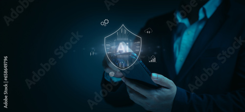 Closeup hand businessman holding smartphone business and data protection with AI, Biometric security identify, Cybersecurity technology prevents unauthorized access and 