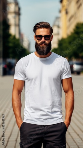 portrait of a man in the park in a white t-shirt