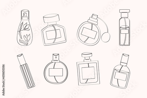 Beauty collection of hand drawn flat bottles of perfume elements illustration