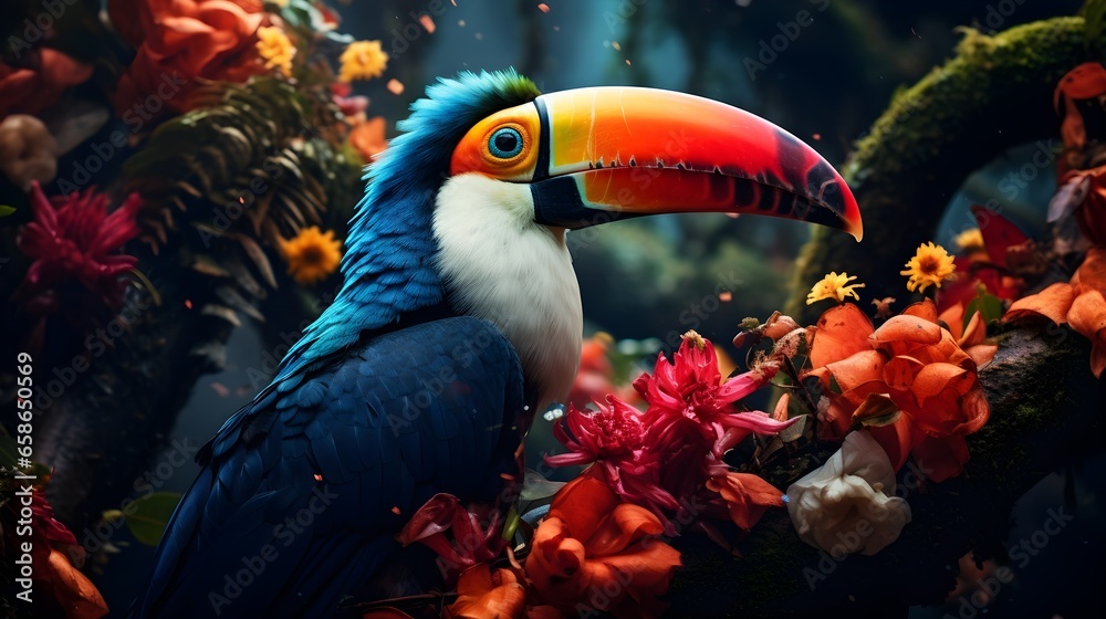Vibrant Toucan with Colorful Shimmering Beak Perched in Lush Tropical Rainforest Greenery. Ideal for nature and wildlife themes - obrazy, fototapety, plakaty 