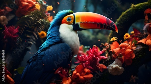 Vibrant Toucan with Colorful Shimmering Beak Perched in Lush Tropical Rainforest Greenery. Ideal for nature and wildlife themes