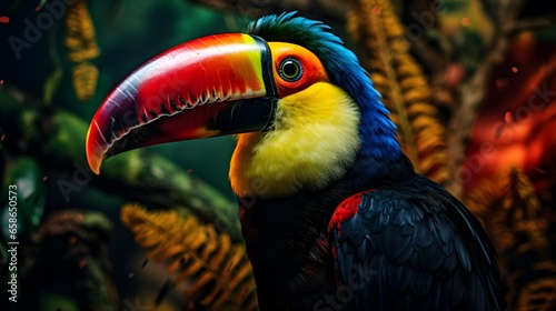 Vibrant Toucan with Colorful Shimmering Beak Perched in Lush Rainforest Greenery © Philipp