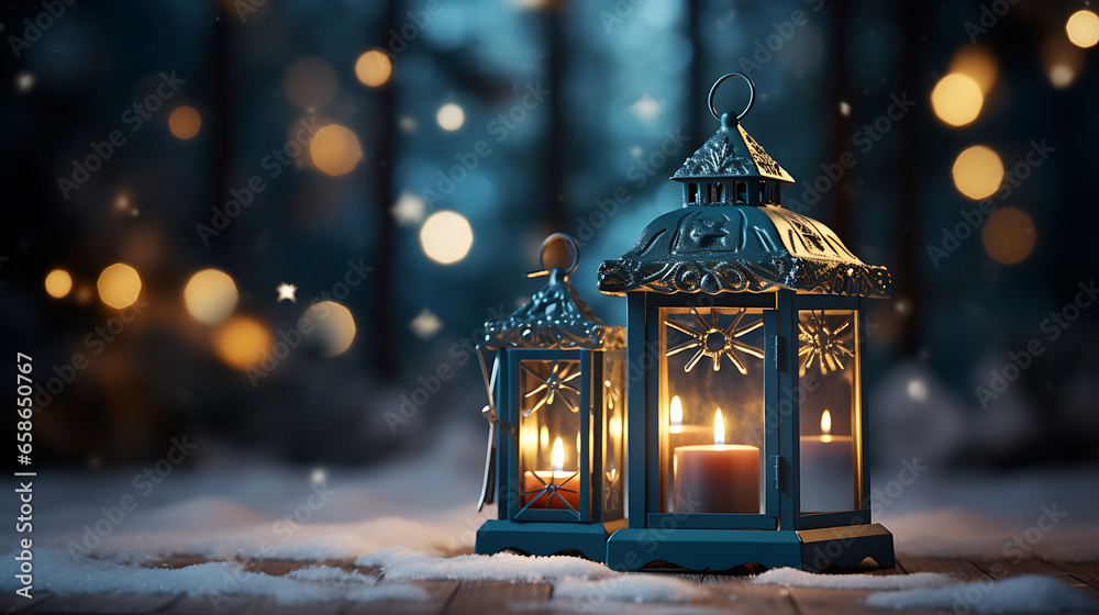 Lantern with a candle on a wooden table with a festive Christmas in the winter snow. Lantern with a candle on a wooden table with a festive Christmas in the winter snow.