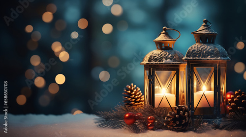 Lantern with a candle on a wooden table with a festive Christmas in the winter snow. © ImaginaryInspiration