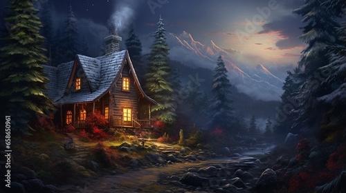 A cozy cabin in the woods with smoke rising from the chimney and a glowing Christmas tree inside. © AQ Arts