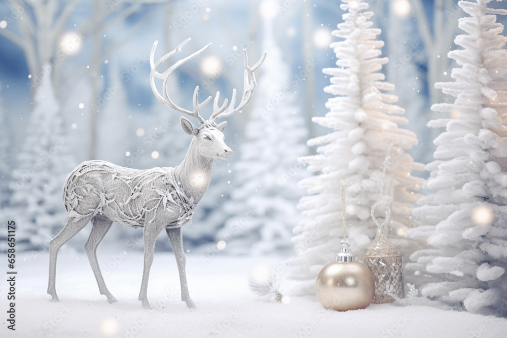 White and silver fur reindeer in a snowy magical winter wonderland