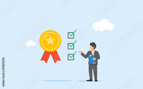 Guarantee. Businessman check quality with passed checklist. QC. Quality Control to check quality and giving certified or approval, process to assure excellence product and service delivery. Standard.