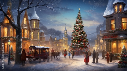 Fotografia A quaint village square bustling with holiday shoppers and a towering Christmas tree