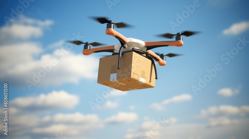 CLOSE UP: UAV drone delivery delivering big brown post package into urban city photo