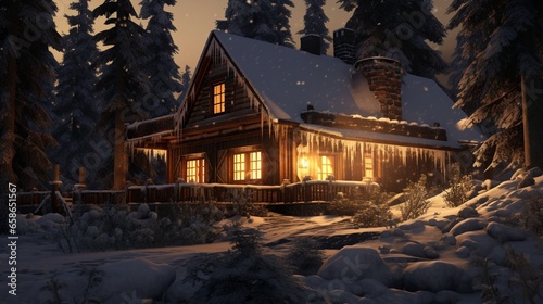 A snow-covered cottage nestled in a pine forest, with a warm glow emanating from the windows. © AQ Arts