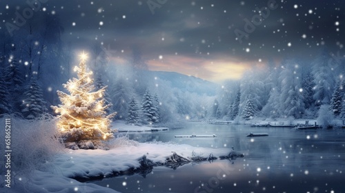 A Photograph capturing the serene beauty of a snow-covered landscape, adorned with twinkling lights and a blank canvas for heartfelt holiday wishes. © AQ Arts