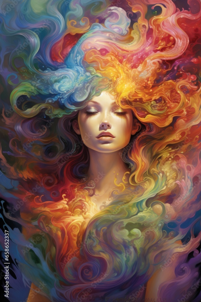 A girl in a multi-colored haze. Concept of Inner Clarity and Mental Balance A girl in a multi-colored haze. Concept of Inner Clarity and Mental Balance