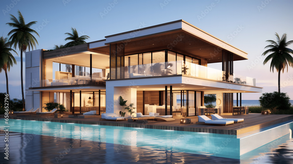 Seaside Luxury Abode - Modern Minimalist Cubic Villa with Expansive Pool Among Palms, generative Ai