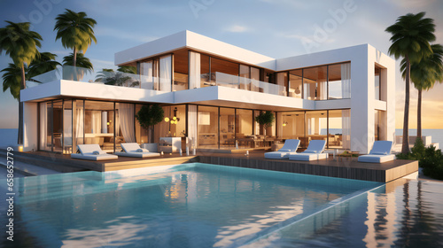 Seaside Luxury Abode - Modern Minimalist Cubic Villa with Expansive Pool Among Palms, generative Ai © Aleksandr