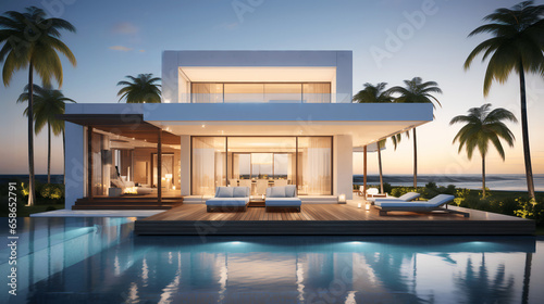 Seaside Luxury Abode - Modern Minimalist Cubic Villa with Expansive Pool Among Palms, generative Ai