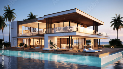 Seaside Luxury Abode - Modern Minimalist Cubic Villa with Expansive Pool Among Palms, generative Ai © Aleksandr