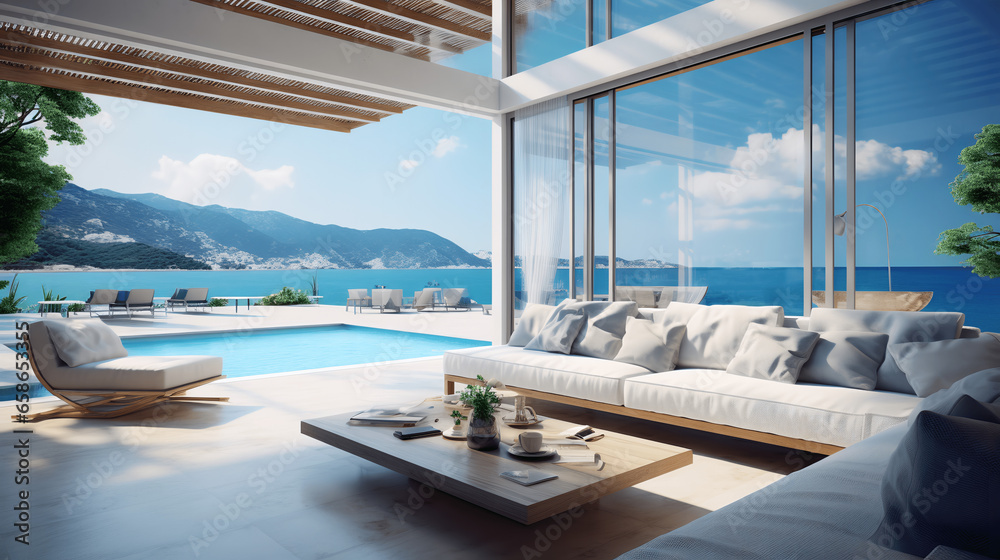 Fototapeta premium Luxury Villa with Terrace & Panoramic Window Offering Stunning Sea Views, generative Ai