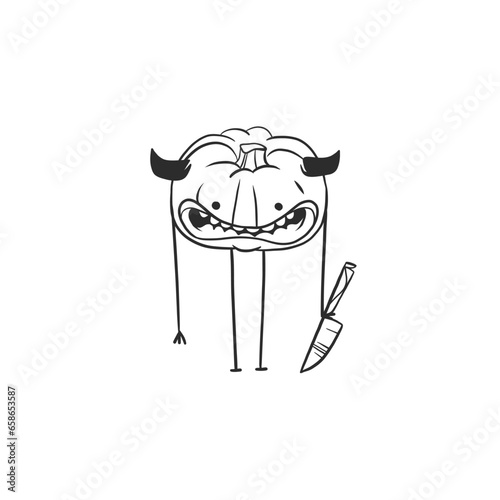 Hand drawn vector abstract graphic,black , line art Jack O lantern happy Halloween pumpkin face outline isolated. Halloween Character outline autumn design concept. Scary horror Halloween symbol icon.