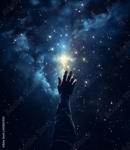 Hand reaching up to the sky with some stars