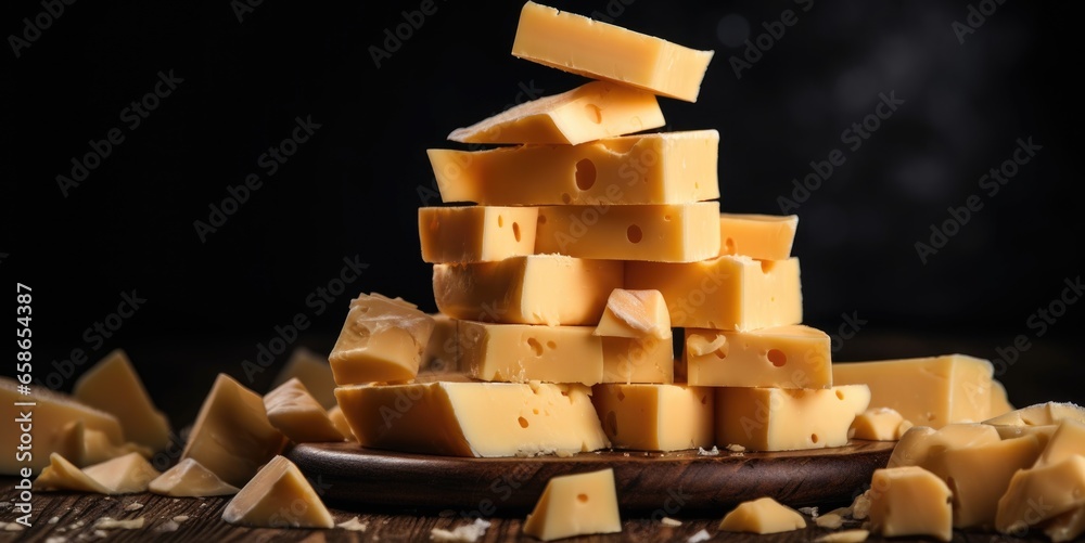 Pieces of cheese on a wooden table. On a black background.