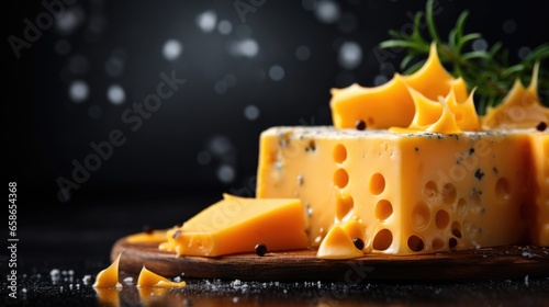 Cheese collection, pieces of Swiss medium-hard cheese emmental or emmentaler made from cow milk with blue mold close up