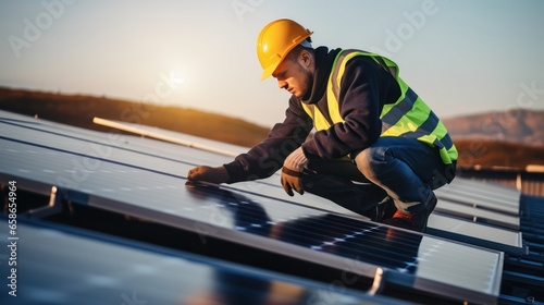 Man install solar panel on the house's roof  photo