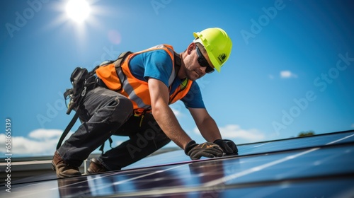 Worker install solar panel on the house roof 