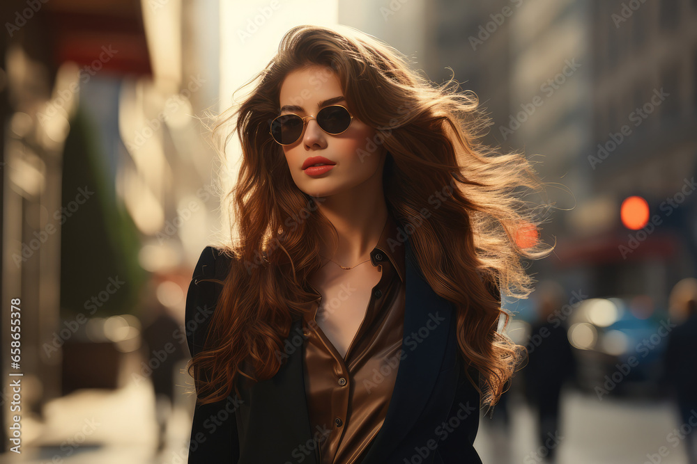 Fashionable young woman walking confidently down a city street