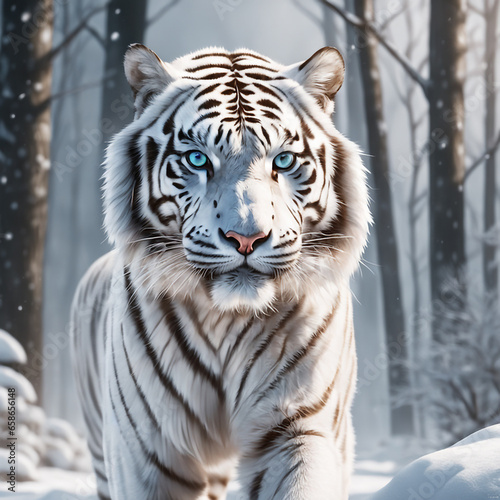 Photo shallow focus shot of a white and black striped tiger in snowy background