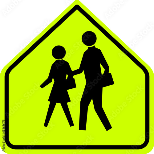 Vector graphic of a USA School Zone Ahead mutcd highway sign. It consists of a child and adult crossing the road in a green arrow shape