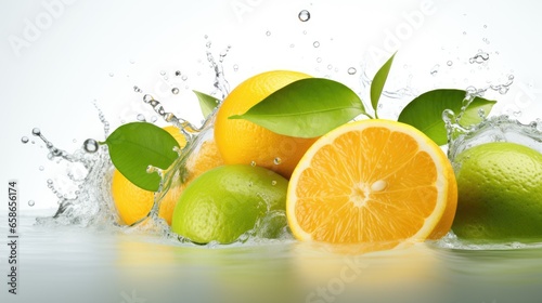 Fresh fruits in water splash, isolated on white background. Orange, lime and lemon