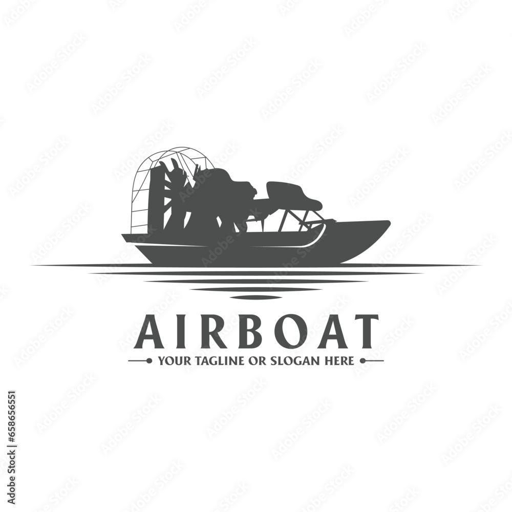 Vintage Retro Airboat on the River Creek Lake Swamp Icon Illustration Logo Design - obrazy, fototapety, plakaty 