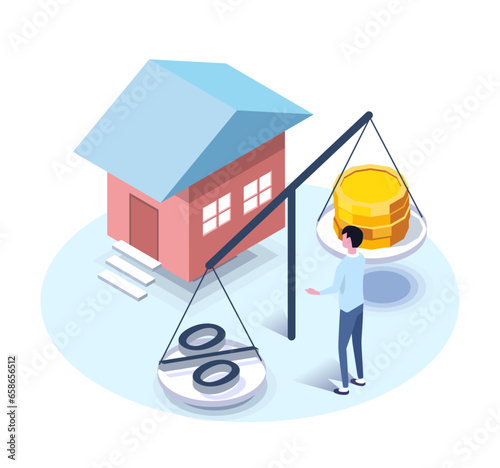  financial crisis inflation isometric illusetration with coin and interest rate house