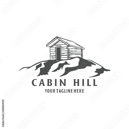 Vintage Retro Wooden Cabin Chalet Cottage Lodge at the Mountain Hill Illustration Logo Design