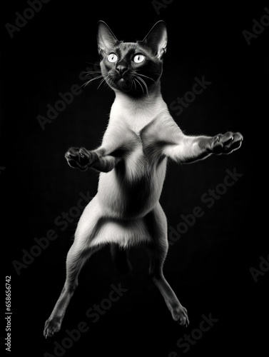 Ethereal Flight  A Siamese Cat Leaping in the Dark black and white cat on black background