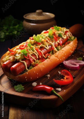 Tasty delicious hot dog on a wooden board. Generative AI.