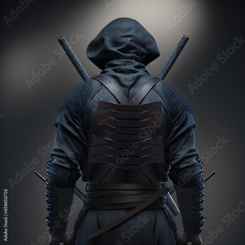 A ninja facing the camera full body showing looking back at the camera back has cross swords strapped to it macro portrail 8k award winning photorealistic sony alpha a7  photo