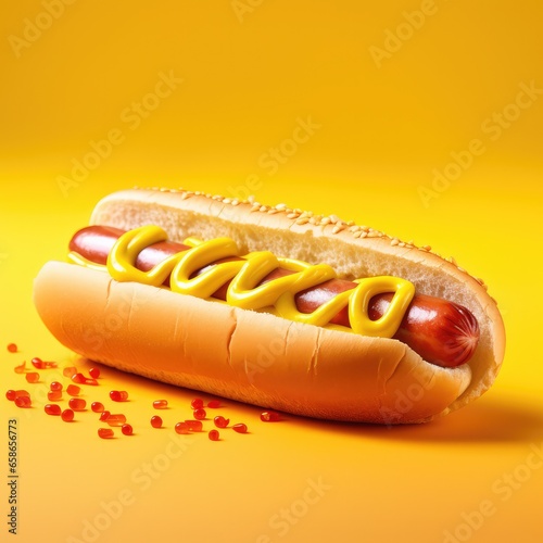 Tasty delicious hot dog on a yellow background. Generative AI.