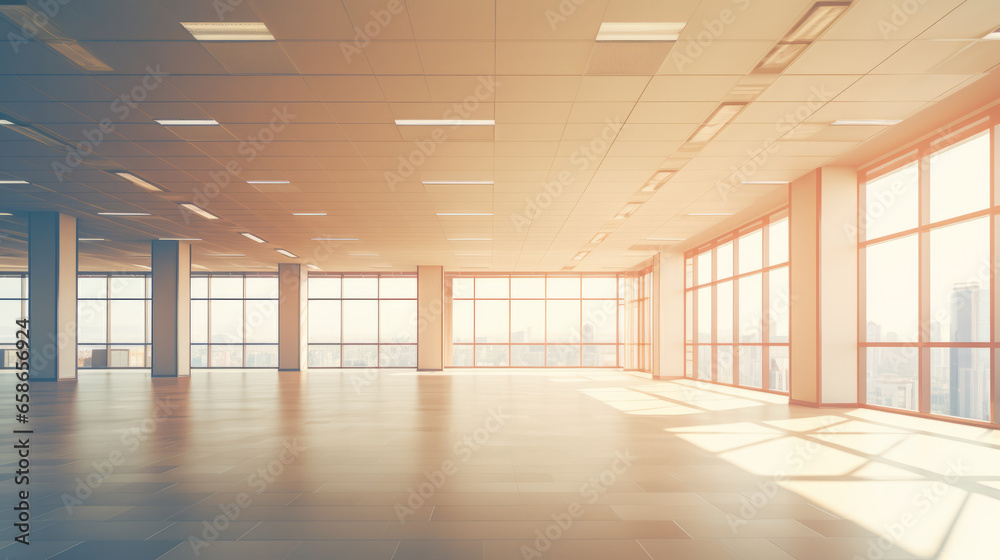 Empty office open space interior, business conference company background with copy space and warm colors