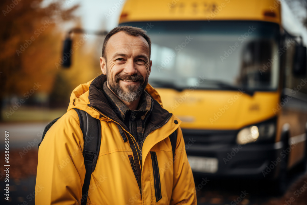 Portrait of a school bus driver with the yellow bus in background Portrait of a school bus driver with the yellow bus in background