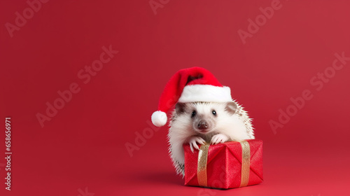 Cute hedgehog dressed in Santa Claus hat, on isolated pastel color background, space for text, Merry Christmas, New Year card, generative AI