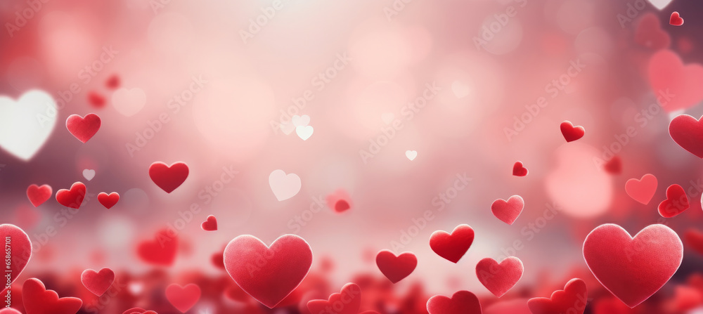 Valentines day background banner with abstract panorama of red hearts for love concept - obrazy, fototapety, plakaty 