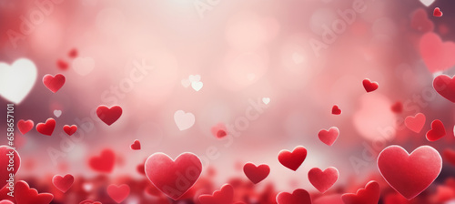 Valentines day background banner with abstract panorama of red hearts for love concept