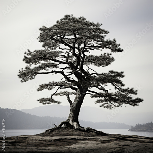 pine tree on a mountain illustration of a tree Traditional Chinese Black and White Ink Painting of a Tree Lone Sentinel  A Coniferous Tree in a Mountainous Landscape
